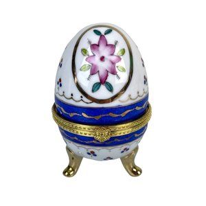 Unmarked Egg Shaped Trinket Box Floral Blue White Footed Easter Gold Vintage